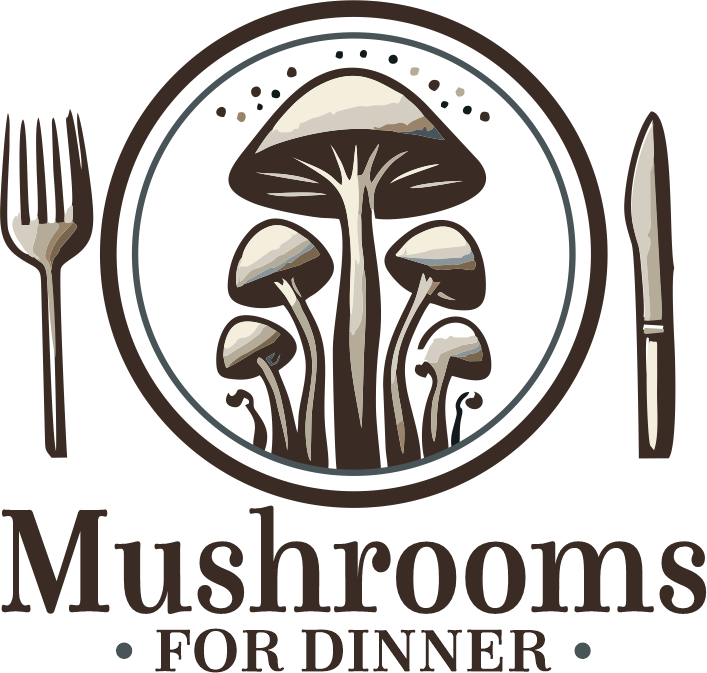 Stylized mushroom logo with the text 'Mushrooms for Dinner' in a clean, modern font.