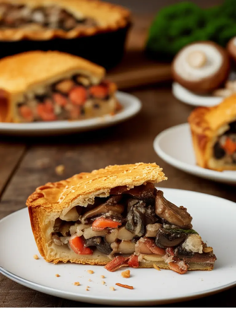 A slice of mushroom pot pie with a golden crust sits on a white plate, showing a filling of mushrooms, carrots, and other vegetables. More pie slices and mushrooms are in the background.